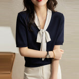 Loose Bow Lace-up Literary Ice Silk T-shirt