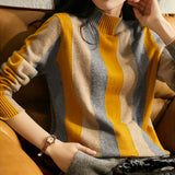 Fashion Half High Neck Vertical Striped Top Knit Sweater