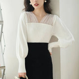 Tulle Patchwork Lantern Sleeve Knitted Sweater