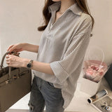 Elbow Sleeve Striped V-Neck Casual Shirt