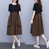 Simple Splicing Loose Dress Hiding Belly Slimming Youthful Midi Skirt