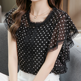 Ruffled Semi-Transparent Lace Polka Dot Printed Chiffon Shirt