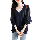 Fashion Women's Drawstring Patchwork Stripes Wear T-shirt