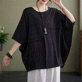 Casual Loose Batwing Sleeve Cotton and Linen Top