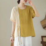 Loose Slimming Embroidered Cotton and Linen Top