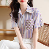 Commuter Striped Stitching Floral Pocket Short Sleeve Blouse