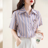 Commuter Striped Stitching Floral Pocket Short Sleeve Blouse