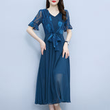 Net Yarn Flowers Printed Stitching Fake Two Pieces Slimming Dress