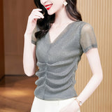 V-neck Pleated Bright Yarn Mesh Bottoming Shirt