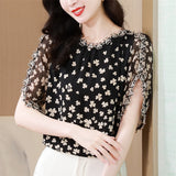 Commuter Flower Print Embroidered Chiffon Blouse