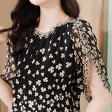Commuter Flower Print Embroidered Chiffon Blouse
