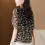 Commuter Flower Print Embroidered Chiffon Blouse