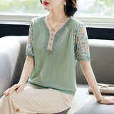 Elegant Rhinestone Floral Sleeve Ice Silk T-shirt