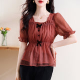 Square Collar Pleated Tulle Bow Chiffon Shirt