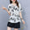 Bamboo Leaf Printed Chiffon Waist-Tight Cardigan Short Sleeve Shirt