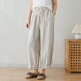 Loose Slimming Artistic Cotton and Linen Stripes Bloomers