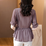 Stand Collar Age-Reducing Pleated Bell Sleeve Loose Top