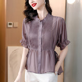 Stand Collar Age-Reducing Pleated Bell Sleeve Loose Top