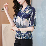 Women's Lapel Batwing Sleeve Mulberry Silk Floral Loose Shirt