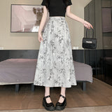 Bamboo Leaf Printed Mid-Length Draping Pleated Skirt
