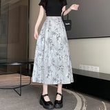Bamboo Leaf Printed Mid-Length Draping Pleated Skirt