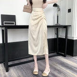 High Waist Casual Asymmetric Fold Slit Midi Skirt