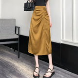 High Waist Casual Asymmetric Fold Slit Midi Skirt