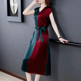 Temperament Color Contrast Patchwork V-neck Tight Waist Dress