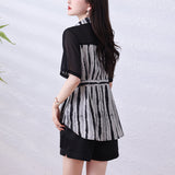 Elegant Vertical Stripes Printed Fitted Waist Figure Flattering Shirt