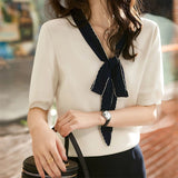 Loose Bow Lace-up Literary Ice Silk T-shirt