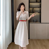 Elegant Striped Waist-Tight Polo Collar Shirt Dress