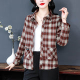 Casual Women Lapel Plaid Shirt Long Sleeve Coat