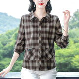 Casual Women Lapel Plaid Shirt Long Sleeve Coat