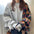 Plaid for Women Stitching Letter Print Loose Puff Sleeves Pullover Sweater