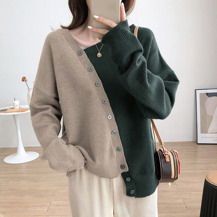 Irregular oblique button design contrast color long-sleeved sweater