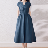 Linen Breathable Pleated Waist Tight Dress