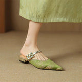 Women's Elegant Embroidery Round Drill Buckle Flat Slippers