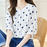 Round Neck Loose Polka Dot Puff Sleeve Shirt