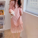 Casual Women Twist Mid-Length Lace Patchwork Knitting Dress