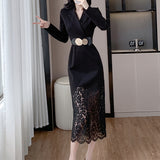 Women's Fashion Elegant Suit Collar Stitching Lace Sheath Dress