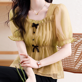 Square Collar Pleated Tulle Bow Chiffon Shirt