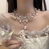 Pearl Hollowed-out Butterfly Zircon Tassel Twin Necklace