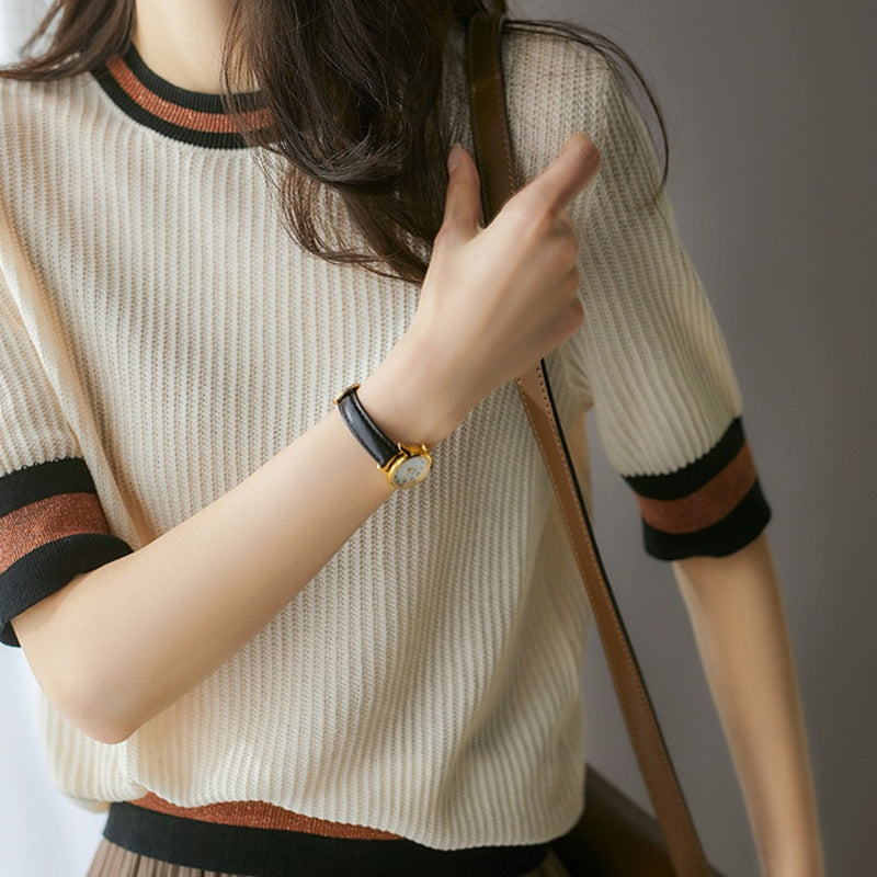 Color Block Short Sleeve Knit Pullover
