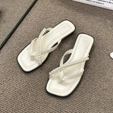 Casual Flat Square Toe Toe Covering Flip-Flops Pearl Sandals