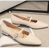 Soft-Looking Pearl Pointed Mary Jane Low Heel Flat Pumps