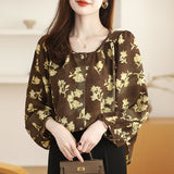 Vintage Floral Nine-Quarter Sleeve Puff Sleeve Chiffon Shirt
