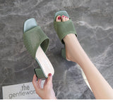 Fashion Square Toe Knitted Mesh Chunky Heel High Heel Slippers