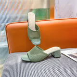 Fashion Square Toe Knitted Mesh Chunky Heel High Heel Slippers