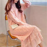 Casual Women Twist Mid-Length Lace Patchwork Knitting Dress