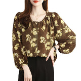 Vintage Floral Nine-Quarter Sleeve Puff Sleeve Chiffon Shirt